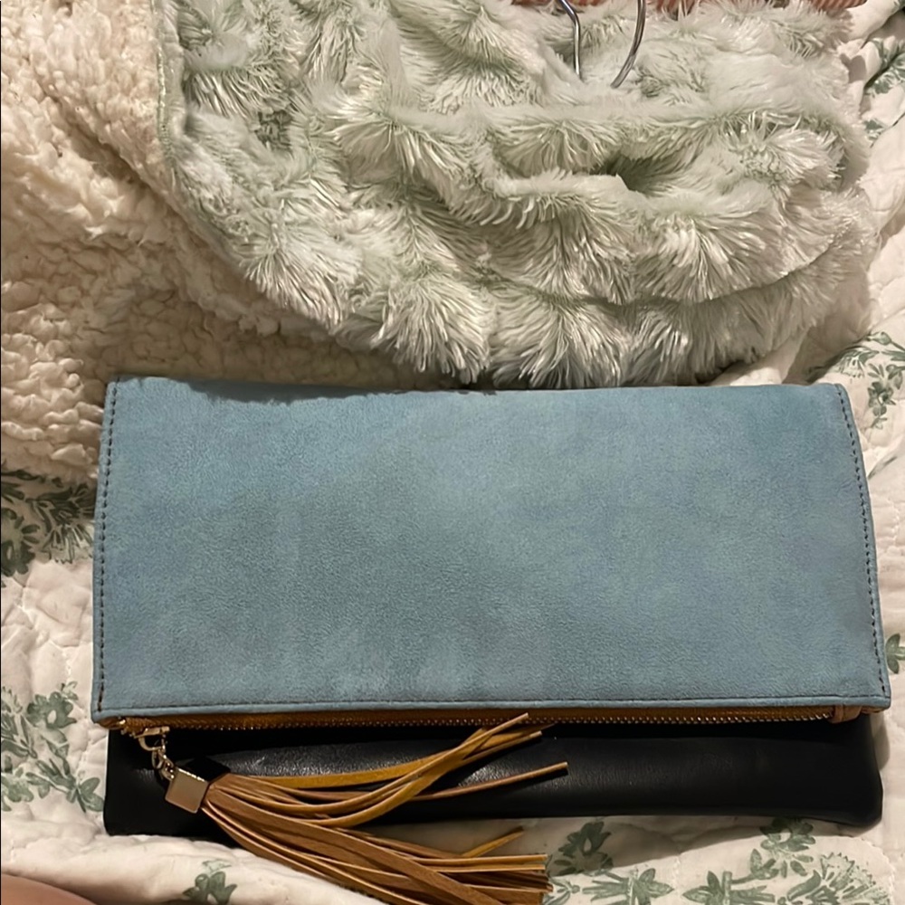Blue and Black Fold-Over Clutch with Leather Accents